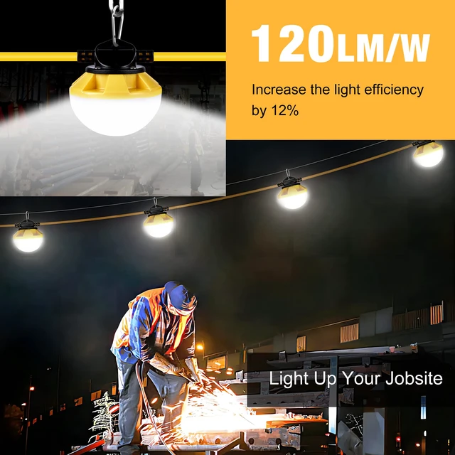 Alt view image 2 of 6 - 3-Prong 100FT Construction String Lights, IP65 Waterproof ETL Certified String Work Lights, 5000K Daylight 18AWG Wire Linkable Temporary Construction Lighting for Jobsite with 10 Bulbs & Hooks