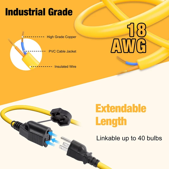 Alt view image 6 of 6 - 3-Prong 100FT Construction String Lights, IP65 Waterproof ETL Certified String Work Lights, 5000K Daylight 18AWG Wire Linkable Temporary Construction Lighting for Jobsite with 10 Bulbs & Hooks