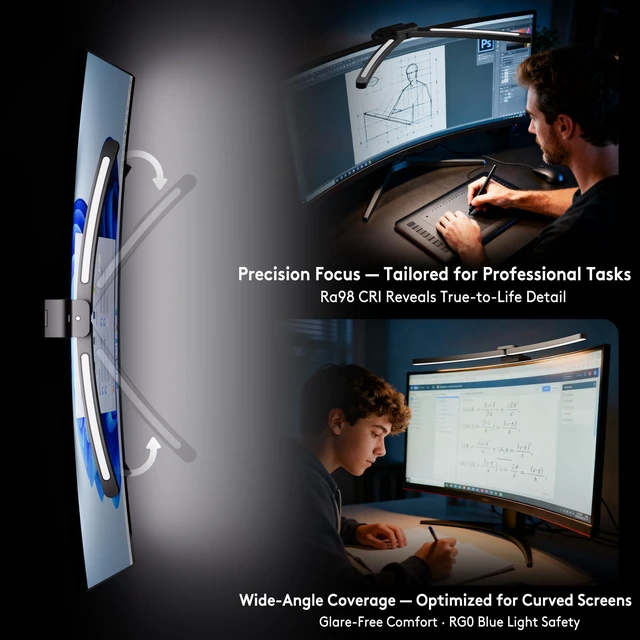 Alt view image 3 of 7 - Curved Monitor Light Bar 15 RGB Backlight for 34"+ Screens, Computer Bar Lights Foldable Dual Light with Color Temperature Brightness Stepless Dimming, No Glare Desk Lamp for Home Office Gaming