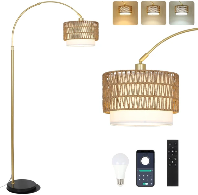 Main image of Arc Floor Lamp for bedroom with Rattan & Linen Shades, Gold Floor Lamp with Remote & Dimming Bulb, Rustic Standing Lamp with 3 Color Temperatures, Adjustable Height Farmhouse Tall Lamp for Living Room