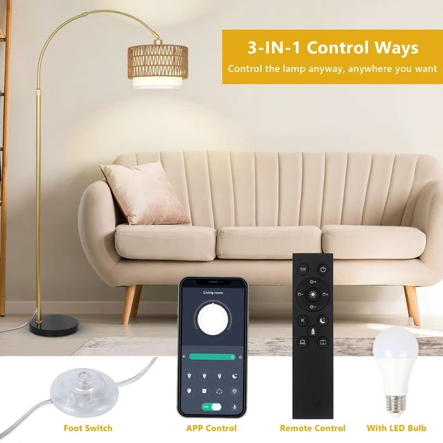 Alt view image 5 of 7 - Arc Floor Lamp for bedroom with Rattan & Linen Shades, Gold Floor Lamp with Remote & Dimming Bulb, Rustic Standing Lamp with 3 Color Temperatures, Adjustable Height Farmhouse Tall Lamp for Living Room