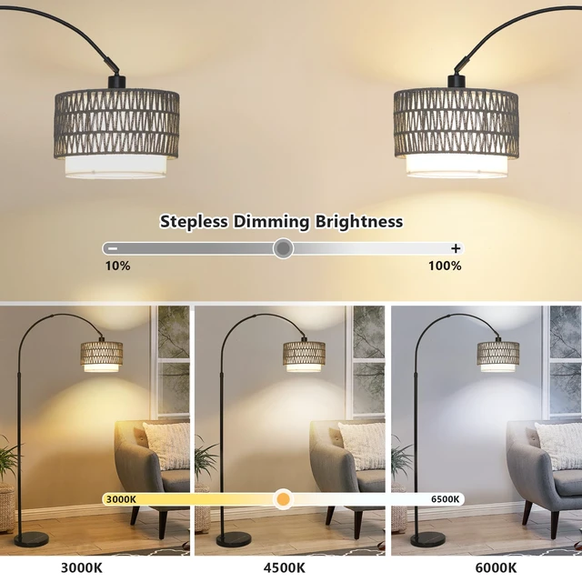 Alt view image 2 of 7 - Boho Floor Lamps for Living Room, Arc Floor Lamp for bedroom with Remote and Dimmable Bulb, Over Couch Standing Lamp, Farmhouse Tall Lamp with 3 Color Temperatures, Height Adjustable Corner Floor Lamp