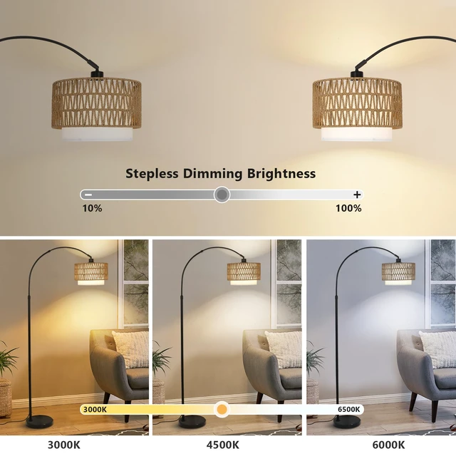 Alt view image 2 of 7 - Arc Floor Lamp with Remote, Modern LED Floor Lamp with Dimmable Bulb, Boho Farmhouse Standing lamp with Fabric & Rattan Lampshades, Height Adjustable Black Tall Lamp for Living Room Bedroom