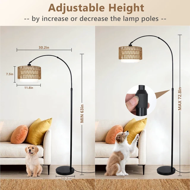 Alt view image 3 of 7 - Arc Floor Lamp with Remote, Modern LED Floor Lamp with Dimmable Bulb, Boho Farmhouse Standing lamp with Fabric & Rattan Lampshades, Height Adjustable Black Tall Lamp for Living Room Bedroom