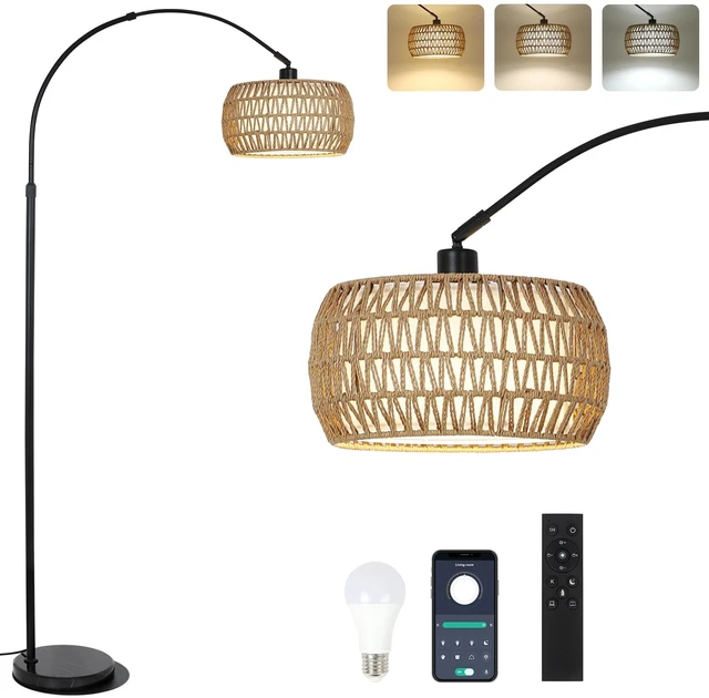 Main image of Arc Floor Lamps for Living Room with 3 Color Temperatures, Black Standing Lamp with Remote & Dimmable LED Bulb, Rattan Boho Floor Lamp, Farmhouse Tall Lamp for Bedroom, Over Couch Arched Reading Light