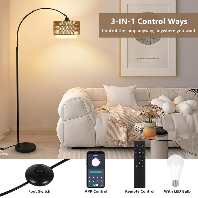 Alt view image 5 of 7 - Arc Floor Lamp with Remote, Modern LED Floor Lamp with Dimmable Bulb, Boho Farmhouse Standing lamp with Fabric & Rattan Lampshades, Height Adjustable Black Tall Lamp for Living Room Bedroom