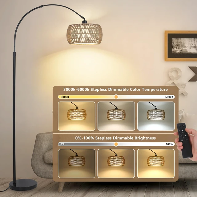 Alt view image 2 of 7 - Arc Floor Lamps for Living Room with 3 Color Temperatures, Black Standing Lamp with Remote & Dimmable LED Bulb, Rattan Boho Floor Lamp, Farmhouse Tall Lamp for Bedroom, Over Couch Arched Reading Light