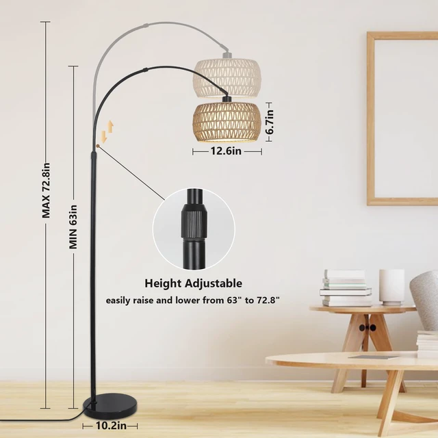 Alt view image 3 of 7 - Arc Floor Lamps for Living Room with 3 Color Temperatures, Black Standing Lamp with Remote & Dimmable LED Bulb, Rattan Boho Floor Lamp, Farmhouse Tall Lamp for Bedroom, Over Couch Arched Reading Light