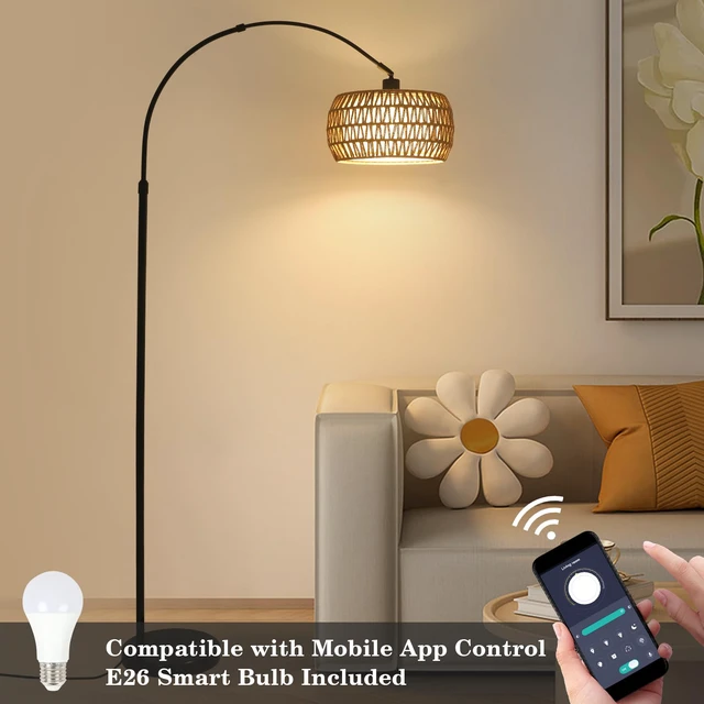 Alt view image 4 of 7 - Arc Floor Lamps for Living Room with 3 Color Temperatures, Black Standing Lamp with Remote & Dimmable LED Bulb, Rattan Boho Floor Lamp, Farmhouse Tall Lamp for Bedroom, Over Couch Arched Reading Light