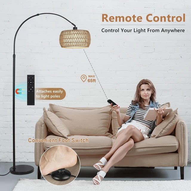 Alt view image 6 of 7 - Arc Floor Lamps for Living Room with 3 Color Temperatures, Black Standing Lamp with Remote & Dimmable LED Bulb, Rattan Boho Floor Lamp, Farmhouse Tall Lamp for Bedroom, Over Couch Arched Reading Light