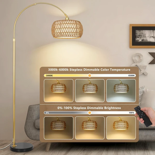 Alt view image 2 of 7 - Gold Floor Lamps for Living Room, Arc Floor Lamp with Remote & Dimmable Bulb, Boho Rattan Standing lamp with 3 Color Temperatures, Height Adjustable Tall Lamp for Bedroom, Over Couch Reading Lamp