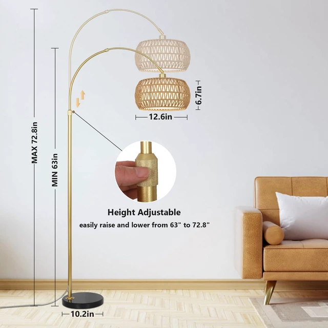 Alt view image 3 of 7 - Gold Floor Lamps for Living Room, Arc Floor Lamp with Remote & Dimmable Bulb, Boho Rattan Standing lamp with 3 Color Temperatures, Height Adjustable Tall Lamp for Bedroom, Over Couch Reading Lamp