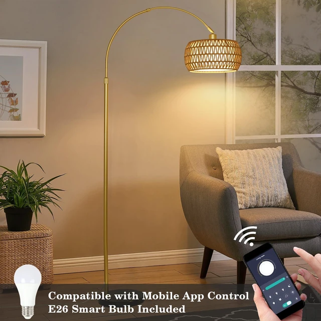 Alt view image 4 of 7 - Gold Floor Lamps for Living Room, Arc Floor Lamp with Remote & Dimmable Bulb, Boho Rattan Standing lamp with 3 Color Temperatures, Height Adjustable Tall Lamp for Bedroom, Over Couch Reading Lamp