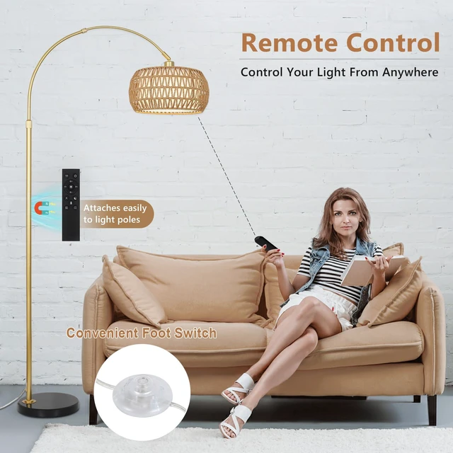 Alt view image 6 of 7 - Gold Floor Lamps for Living Room, Arc Floor Lamp with Remote & Dimmable Bulb, Boho Rattan Standing lamp with 3 Color Temperatures, Height Adjustable Tall Lamp for Bedroom, Over Couch Reading Lamp