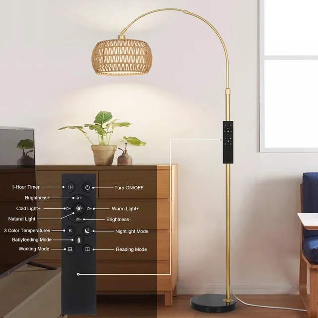 Alt view image 7 of 7 - Gold Floor Lamps for Living Room, Arc Floor Lamp with Remote & Dimmable Bulb, Boho Rattan Standing lamp with 3 Color Temperatures, Height Adjustable Tall Lamp for Bedroom, Over Couch Reading Lamp