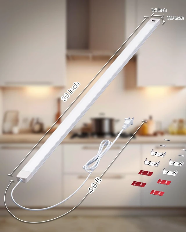 Alt view image 4 of 7 - 2Pcs 36 Inch Under Cabinet Lights with Hand Wave,Plug and Play 4000K Natural White,Dimmable,CRI>90,110V,750 Lumen,10W,Bright Counter,Shelf,Above the Sink