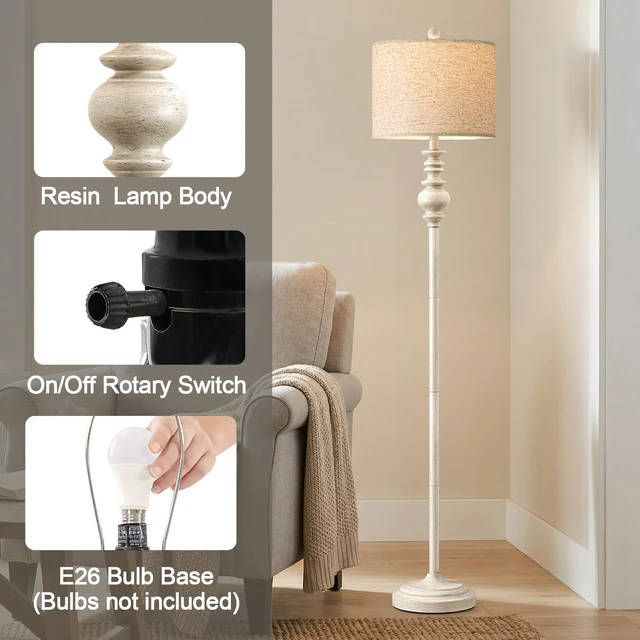 Alt view image 5 of 7 - 64.25" Farmhouse Floor Lamp for Living Room Bedroom, Tall Antique White Standing Lamp with Rotary Switch, Vintage Corner Floor Lamp for Living Room & Office, Rustic Home Decor