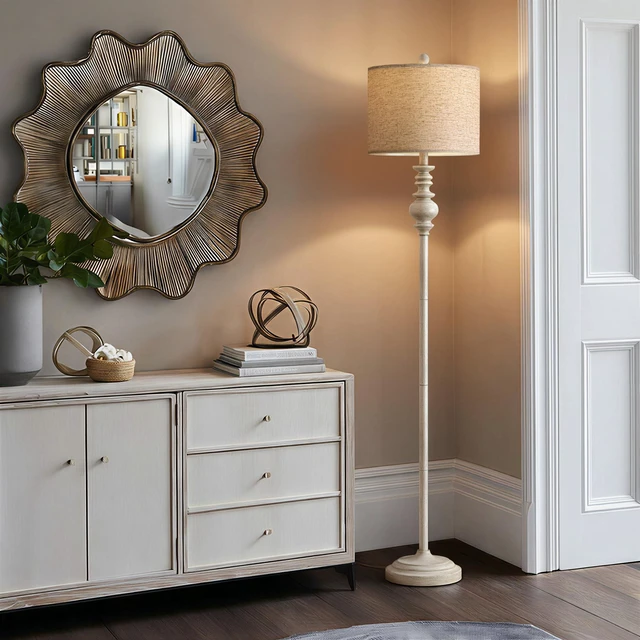 Alt view image 6 of 7 - 64.25" Farmhouse Floor Lamp for Living Room Bedroom, Tall Antique White Standing Lamp with Rotary Switch, Vintage Corner Floor Lamp for Living Room & Office, Rustic Home Decor