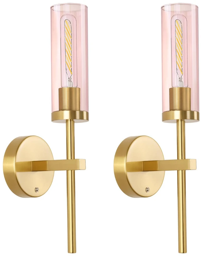 Main image of Battery Operated Wall Sconces Set of 2, Gold Rechargeable Wall Lighting Fixtures, Dimmable Wall Lights with Remote & Pink Glass Shade for Living Room, Bathroom,Bedroom