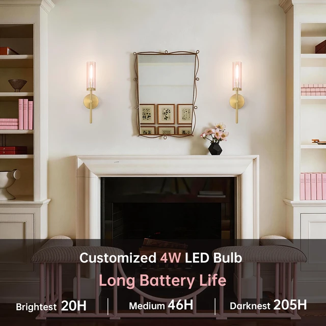 Alt view image 2 of 7 - Battery Operated Wall Sconces Set of 2, Gold Rechargeable Wall Lighting Fixtures, Dimmable Wall Lights with Remote & Pink Glass Shade for Living Room, Bathroom,Bedroom