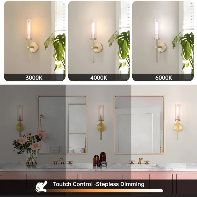 Alt view image 3 of 7 - Battery Operated Wall Sconces Set of 2, Gold Rechargeable Wall Lighting Fixtures, Dimmable Wall Lights with Remote & Pink Glass Shade for Living Room, Bathroom,Bedroom