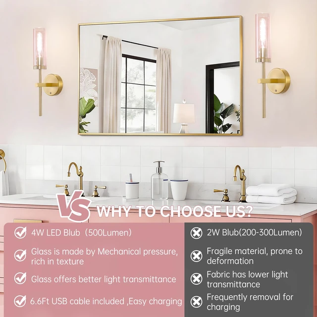 Alt view image 4 of 7 - Battery Operated Wall Sconces Set of 2, Gold Rechargeable Wall Lighting Fixtures, Dimmable Wall Lights with Remote & Pink Glass Shade for Living Room, Bathroom,Bedroom