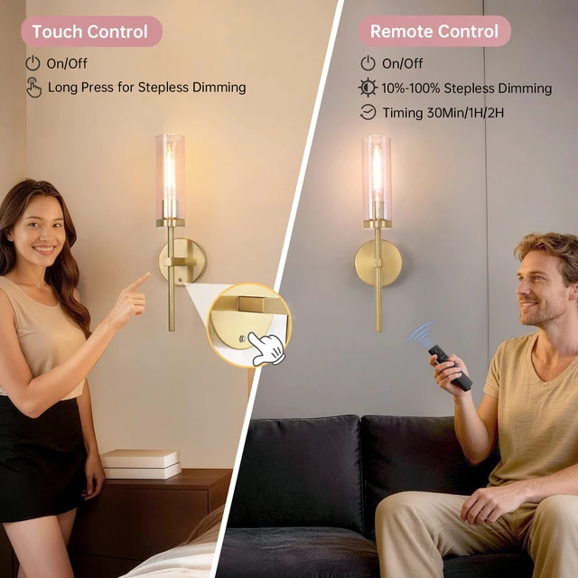 Alt view image 5 of 7 - Battery Operated Wall Sconces Set of 2, Gold Rechargeable Wall Lighting Fixtures, Dimmable Wall Lights with Remote & Pink Glass Shade for Living Room, Bathroom,Bedroom