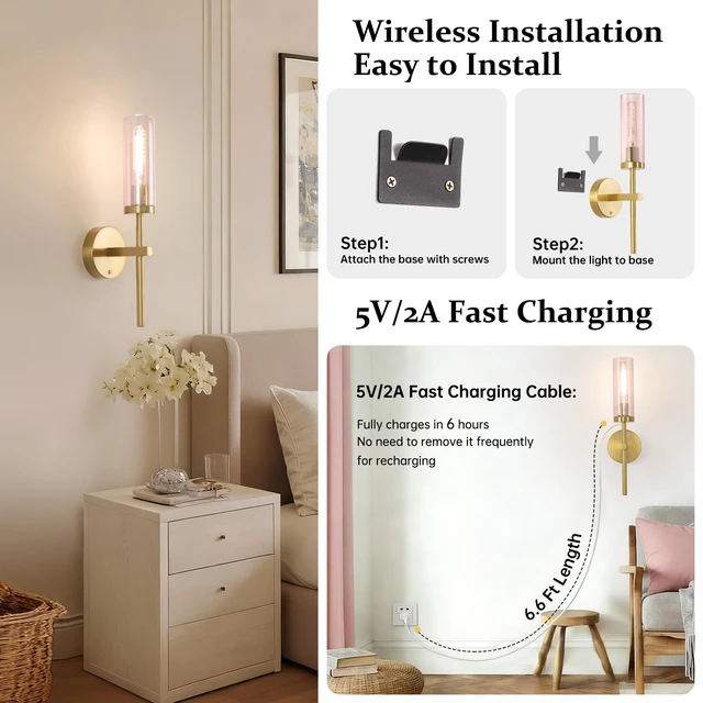 Alt view image 6 of 7 - Battery Operated Wall Sconces Set of 2, Gold Rechargeable Wall Lighting Fixtures, Dimmable Wall Lights with Remote & Pink Glass Shade for Living Room, Bathroom,Bedroom