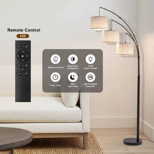 Alt view image 3 of 7 - 3 Light Arc Floor Lamp with Remote, Beige Shade Black Pole 80" Dimmable Floor Lamp, 2400LM Super Bright, Independently Controlled 9W LED Energy-Saving Light Bulb, Memory Function
