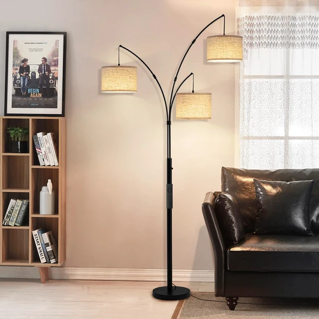 Alt view image 4 of 7 - 3 Light Arc Floor Lamp with Remote, Beige Shade Black Pole 80" Dimmable Floor Lamp, 2400LM Super Bright, Independently Controlled 9W LED Energy-Saving Light Bulb, Memory Function