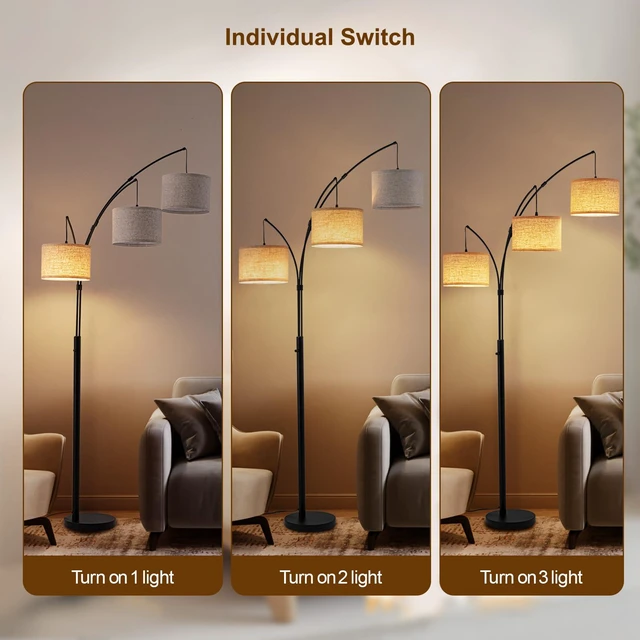 Alt view image 5 of 7 - 3 Light Arc Floor Lamp with Remote, Beige Shade Black Pole 80" Dimmable Floor Lamp, 2400LM Super Bright, Independently Controlled 9W LED Energy-Saving Light Bulb, Memory Function