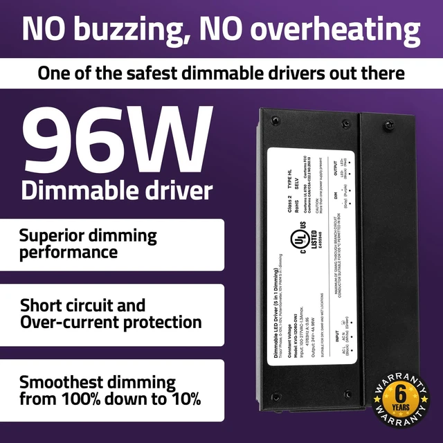 Alt view image 3 of 7 - 24V 96W Dimmable LED Driver Smooth Flicker Free Dimming TRIAC, 0-10V, Phase Cut, & 10V PWM Compatible with Lutron and Leviton Dimmer Switches, UL Listed, Class 2, 100-277V AC 4A DC