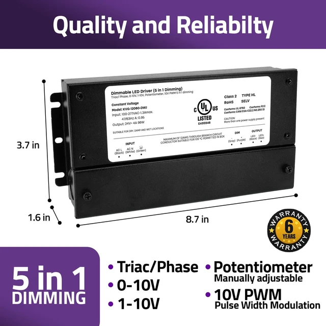 Alt view image 5 of 7 - 24V 96W Dimmable LED Driver Smooth Flicker Free Dimming TRIAC, 0-10V, Phase Cut, & 10V PWM Compatible with Lutron and Leviton Dimmer Switches, UL Listed, Class 2, 100-277V AC 4A DC