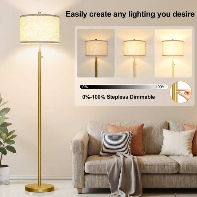 Alt view image 3 of 7 - Upgraded Dimmable Floor Lamp for Living Room, 11W LED Bulb Included, Modern Standing Lamp, Tall Pole Light with Linen Shade for Bedroom Reading Office Corner Nursery-Gold