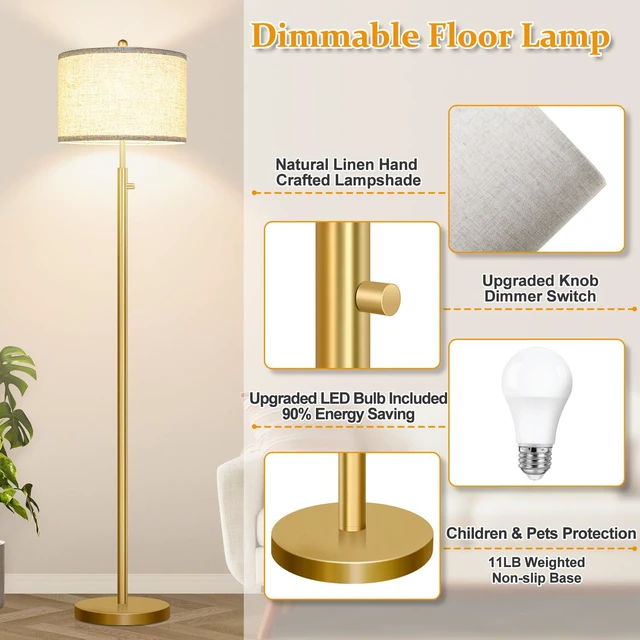 Alt view image 4 of 7 - Upgraded Dimmable Floor Lamp for Living Room, 11W LED Bulb Included, Modern Standing Lamp, Tall Pole Light with Linen Shade for Bedroom Reading Office Corner Nursery-Gold