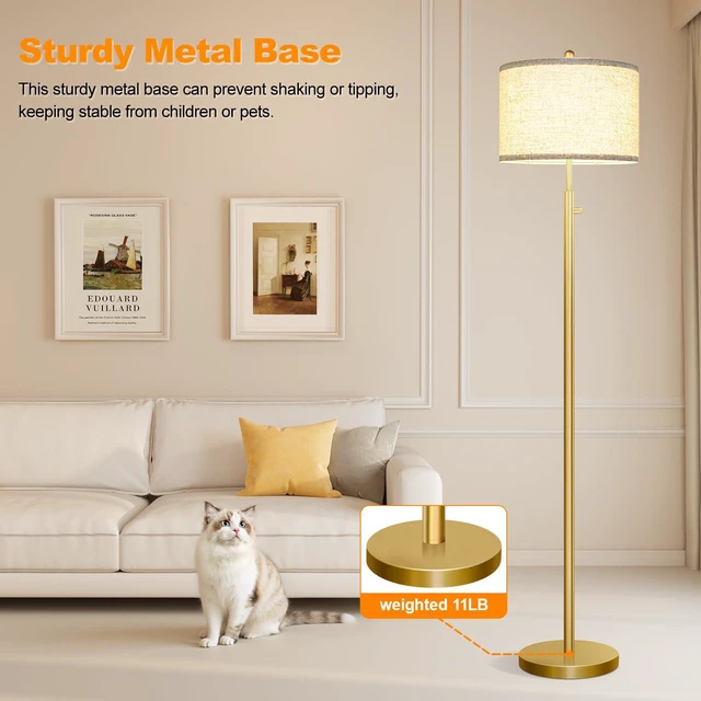 Alt view image 6 of 7 - Upgraded Dimmable Floor Lamp for Living Room, 11W LED Bulb Included, Modern Standing Lamp, Tall Pole Light with Linen Shade for Bedroom Reading Office Corner Nursery-Gold