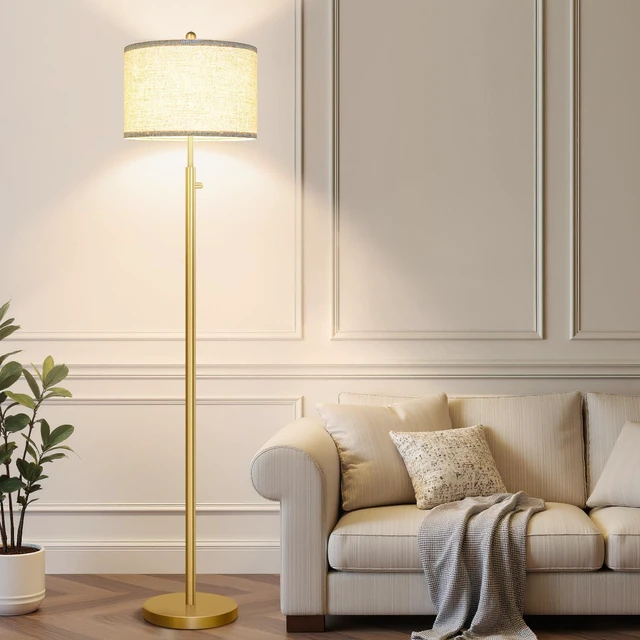 Alt view image 7 of 7 - Upgraded Dimmable Floor Lamp for Living Room, 11W LED Bulb Included, Modern Standing Lamp, Tall Pole Light with Linen Shade for Bedroom Reading Office Corner Nursery-Gold