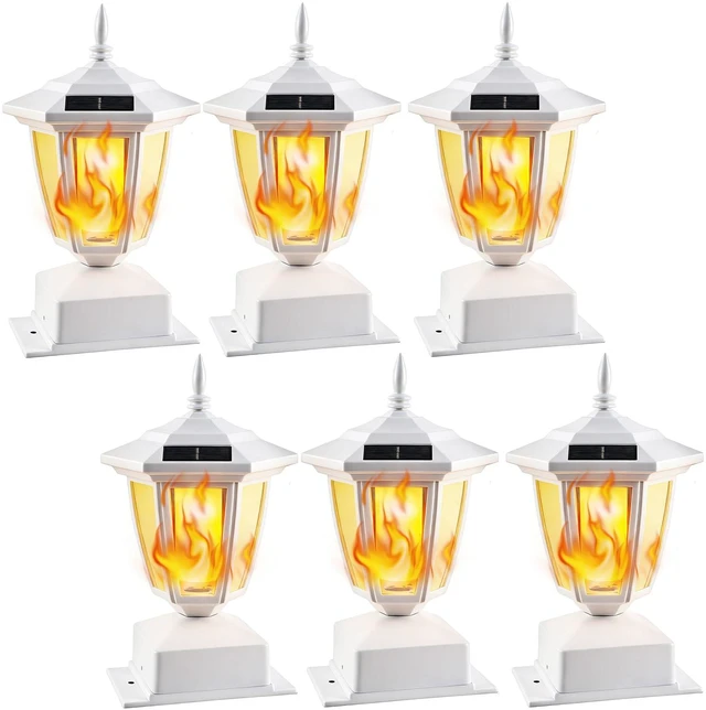 Main image of 6 Pack Solar Flame Post Lights Outdoor, Solar Powered Lamps Fence Post Cap Lights, Flickering Flame LED Lantern Waterproof for Garden Deck Patio, Fit 4x4, 5x5 6x6 Wooden Posts, White Shell