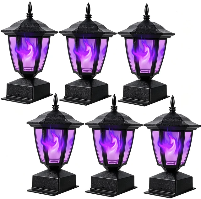 Main image of Solar Flame Post Cap Lights Outdoor, Halloween Flickering Purple Flame Post Lights, Solar Powered LED Lantern Waterproof for Garden Deck Fence Patio, Fit 4x4, 5x5 or 6x6 Wooden Posts, 6 Pack
