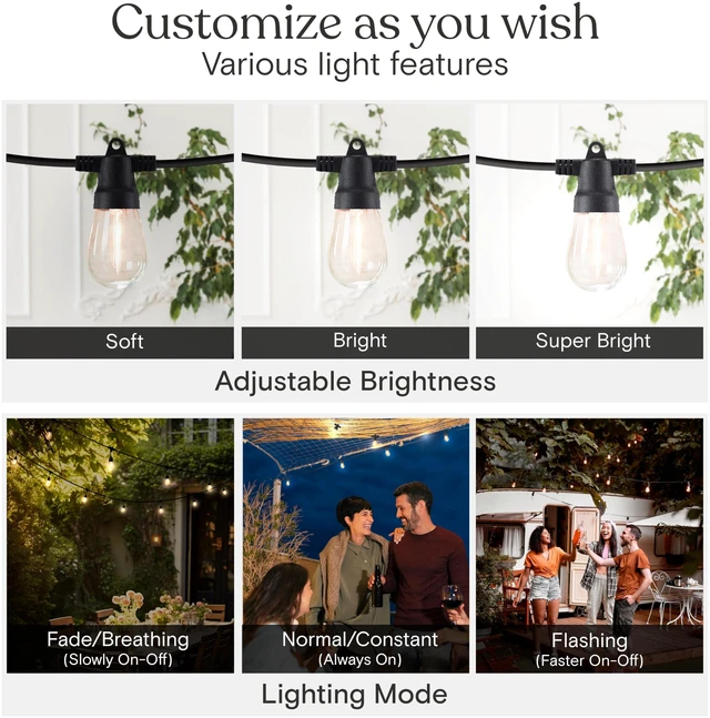 Alt view image 4 of 6 - Solar String Lights with 48 Hanging Edison Bulbs and Brightness Controls with Remote 7W-104 3000K