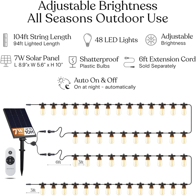 Alt view image 5 of 6 - Solar String Lights with 48 Hanging Edison Bulbs and Brightness Controls with Remote 7W-104 3000K
