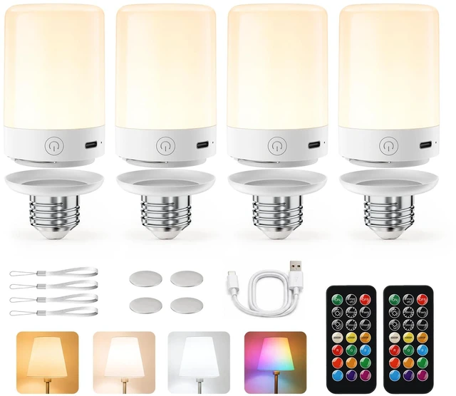 Main image of Upgraded 5200mAh E26 Rechargeable Light Bulbs with Remote Timer Battery operated light bulb with magnetic base for lamps and sconces; 3 color temperatures and 9 RGB colors, 4 Pack