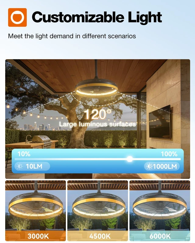 Alt view image 3 of 7 - 20 Inch Black Outdoor Ceiling Fan with Light, Waterproof, Remote&APP 3CCT dimmable light, DC motor, 6 speeds, plug-in caged fan with hook hanging for patios, gazebos, pergolas, porches, canopies