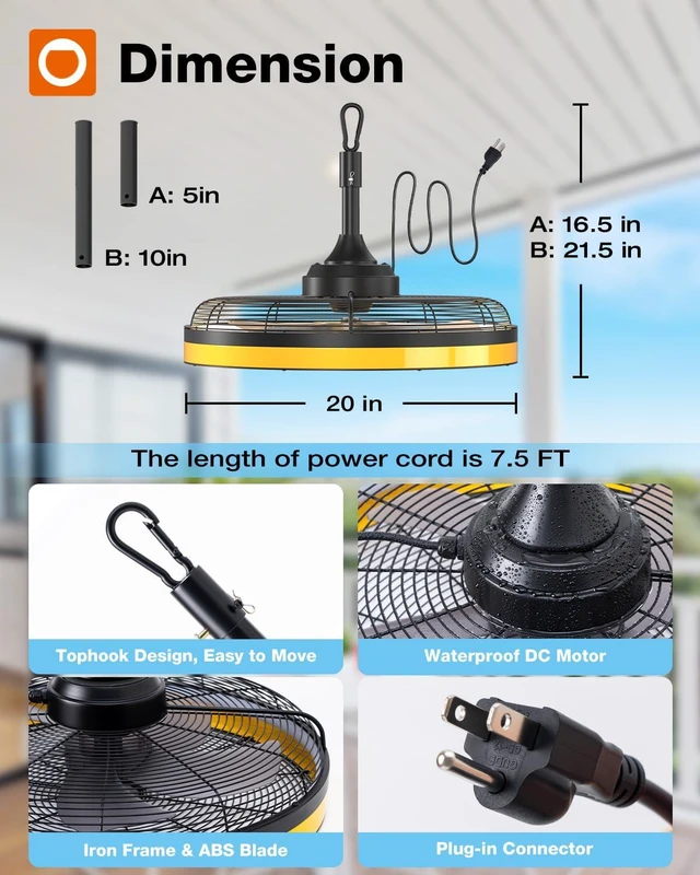Alt view image 2 of 7 - 20 Inch Black Outdoor Ceiling Fan with Light, Waterproof, Remote&APP 3CCT dimmable light, DC motor, 6 speeds, plug-in caged fan with hook hanging for patios, gazebos, pergolas, porches, canopies