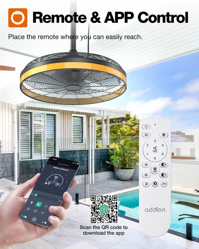 Alt view image 4 of 7 - 20 Inch Black Outdoor Ceiling Fan with Light, Waterproof, Remote&APP 3CCT dimmable light, DC motor, 6 speeds, plug-in caged fan with hook hanging for patios, gazebos, pergolas, porches, canopies