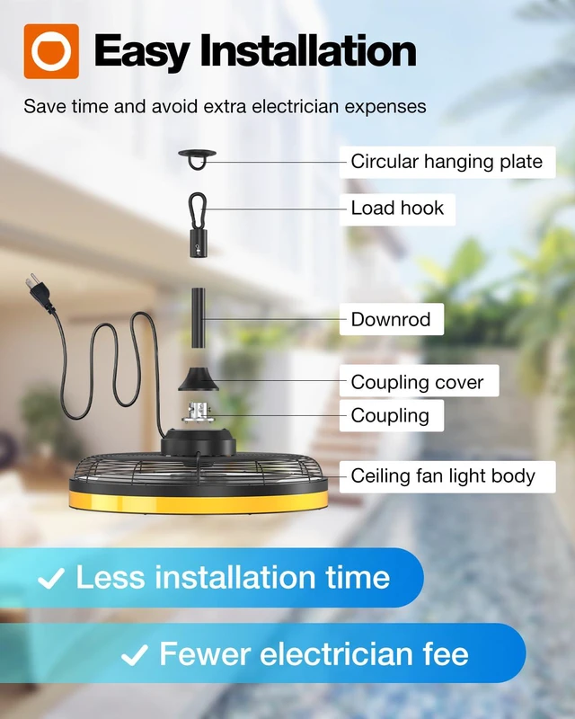 Alt view image 6 of 7 - 20 Inch Black Outdoor Ceiling Fan with Light, Waterproof, Remote&APP 3CCT dimmable light, DC motor, 6 speeds, plug-in caged fan with hook hanging for patios, gazebos, pergolas, porches, canopies