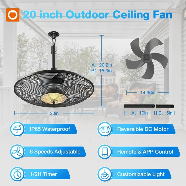 Alt view image 2 of 7 - 20 Inch IP65 Outdoor Ceiling Fan with Light for Patios, Remote & APP Waterproof hanging caged fan with remote and app control, 6 speeds, quiet DC motor, for patios, pergolas, porches, canopies