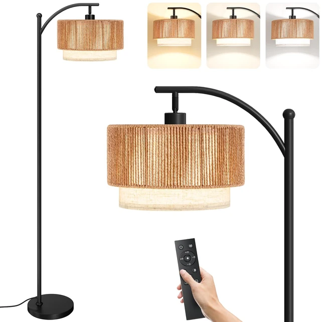 Main image of Arc Floor Lamps for Living Room with 12W Remote and Dimmable Bulb Farmhouse Floor Lamps with Adjustable Rattan & Fabric Shades, LED Lamp, Boho Standing Lamp for Bedroom, Corner, Home Decor