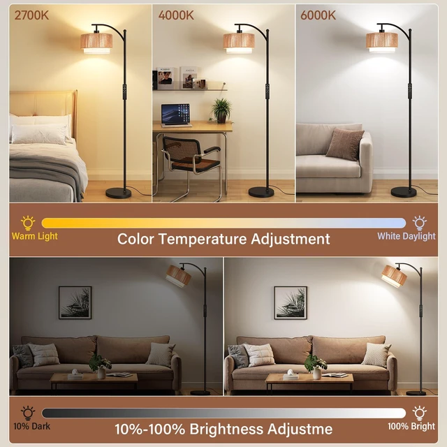 Alt view image 2 of 7 - Arc Floor Lamps for Living Room with 12W Remote and Dimmable Bulb Farmhouse Floor Lamps with Adjustable Rattan & Fabric Shades, LED Lamp, Boho Standing Lamp for Bedroom, Corner, Home Decor