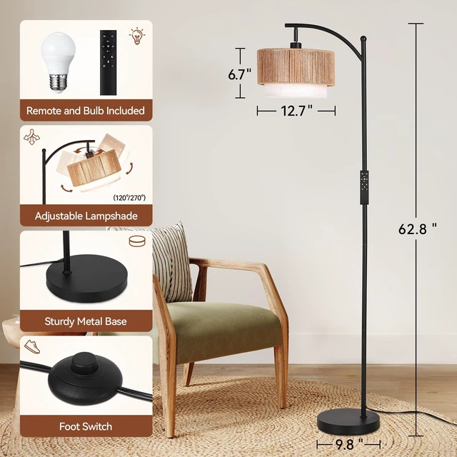 Alt view image 3 of 7 - Arc Floor Lamps for Living Room with 12W Remote and Dimmable Bulb Farmhouse Floor Lamps with Adjustable Rattan & Fabric Shades, LED Lamp, Boho Standing Lamp for Bedroom, Corner, Home Decor